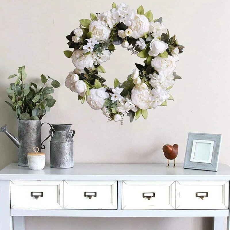 Quality Artificial Garlands Front Door Wreaths, Artificial White Peony Hanging Wreath For Home Party Indoor Outdoor Window Wall