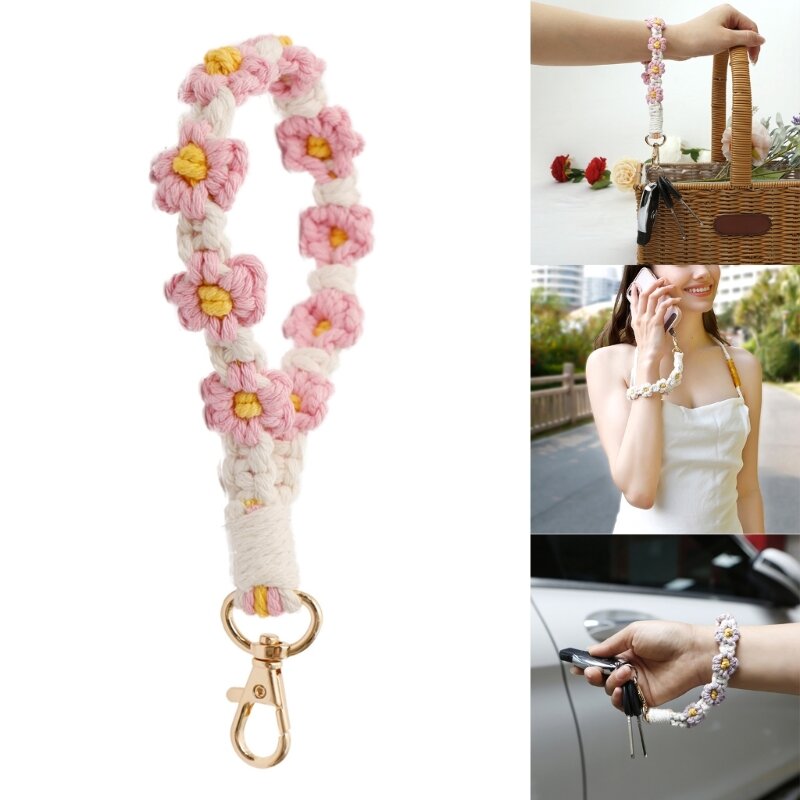 Boho Macrame Wrislet Keychain for Women Flower Bracelet Keyring Strap Lanyard Wallet Pendant Car Key Holder 10CF