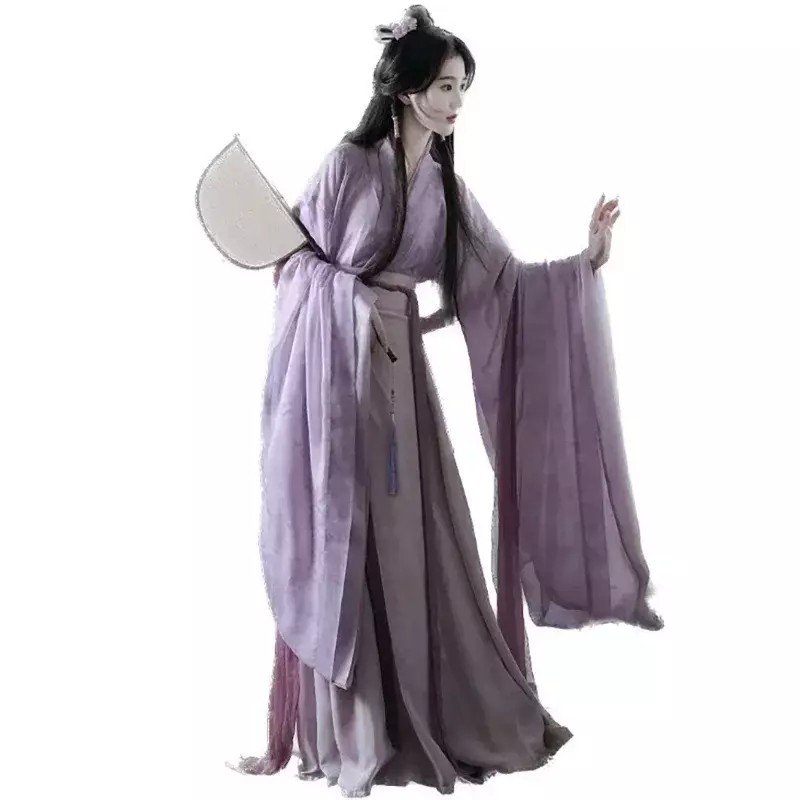 ชุด Hanfu ผู้หญิงจีนโบราณ3ชิ้นชุดนางฟ้า2024ชุดคอสเพลย์ผู้หญิงฤดูร้อนชุดเดรสเต้นรำ Hanfu สีม่วงชุด3ชิ้น