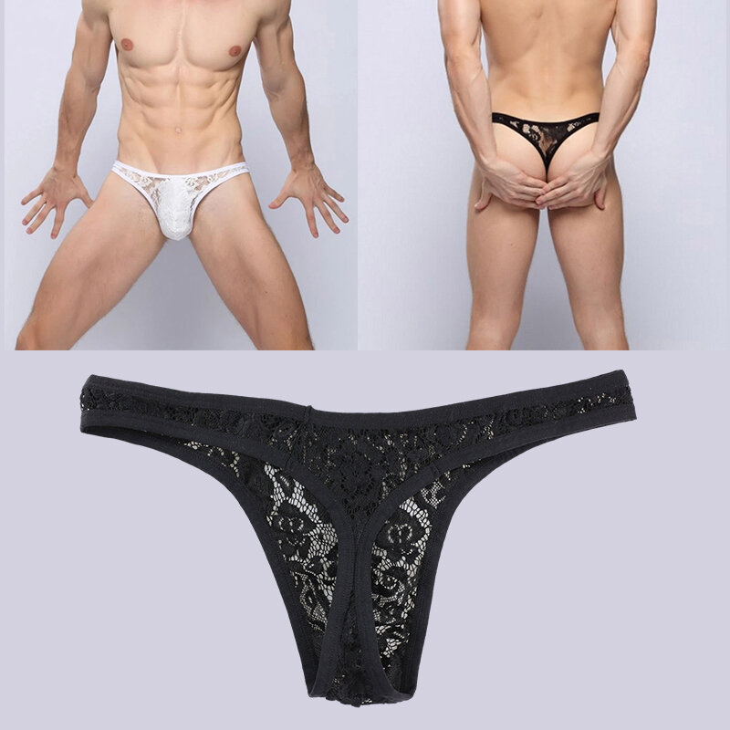 Celana dalam pendek pinggang rendah pria seksi celana dalam renda pria Erotis padat transparan lembut nyaman Thong Sissy untuk mode Gay Pria