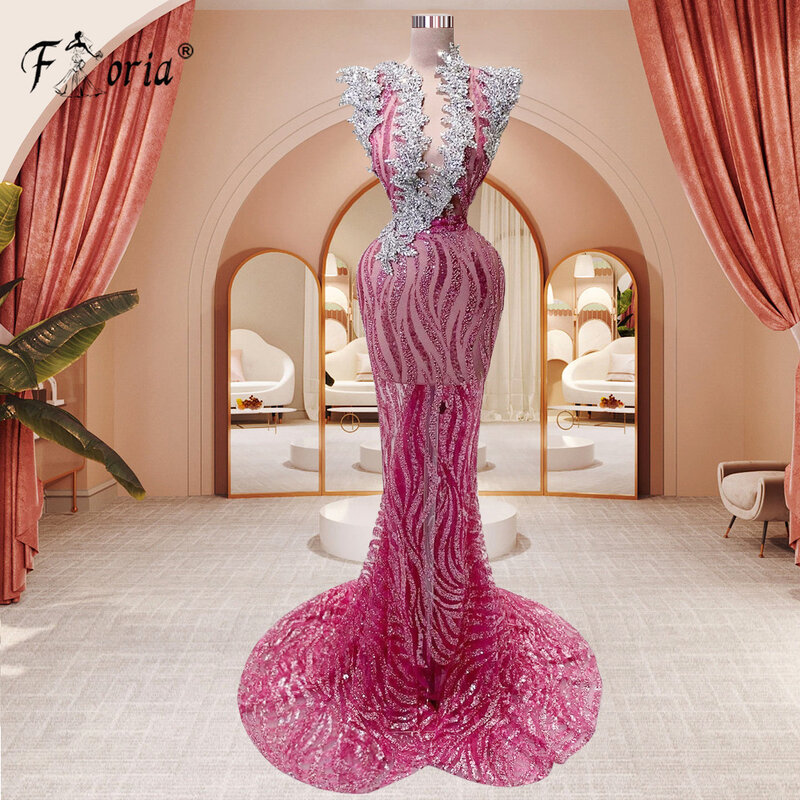 Luxury Dubai Mermaid Pink Wedding Evening Dresses Floral Crystal Event Gowns Turkish Woman Celebrity Dress Party Robe De Soiree