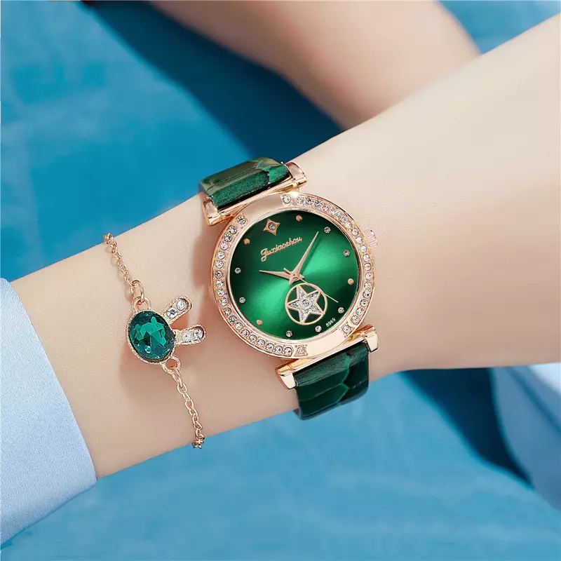 Montre à quartz brillante avec bracelet en cuir PU pour femme, motif pentagramme, biscuits, montres-bracelets de luxe, horloge féminine, mode