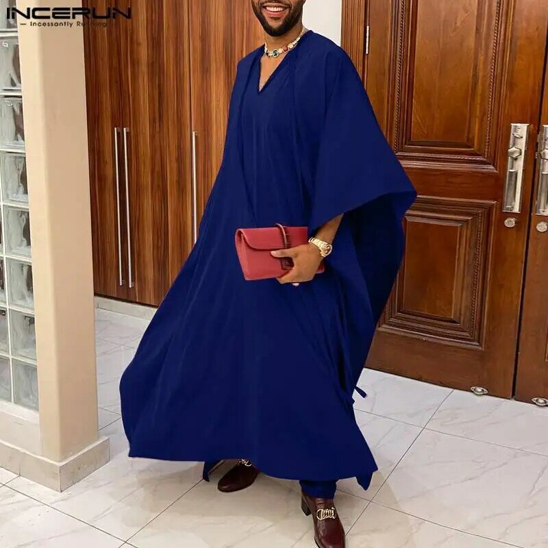 INCERUN 2023 Muslim Style Men Robe Casual Simple V-neck Lace Design Robe Streetwear Male Solid All-match Short Sleeve Robe S-5XL