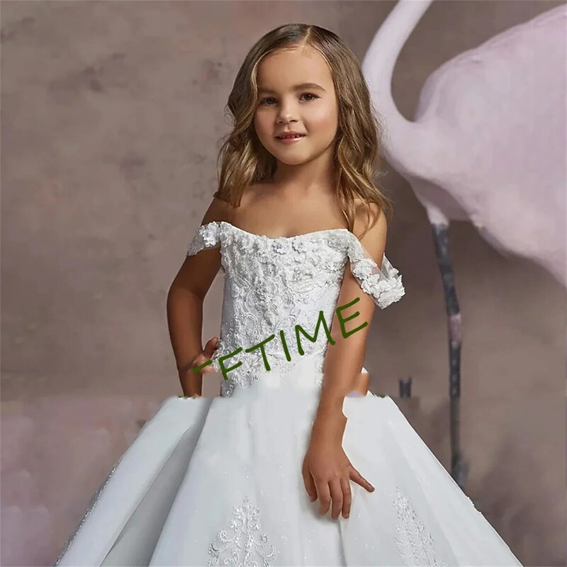 Элегантные кружевные платья с открытыми плечами и аппликацией для девочек с цветами 2024 бальное платье принцессы для конкурса на день рождения детское платье для первого причастия