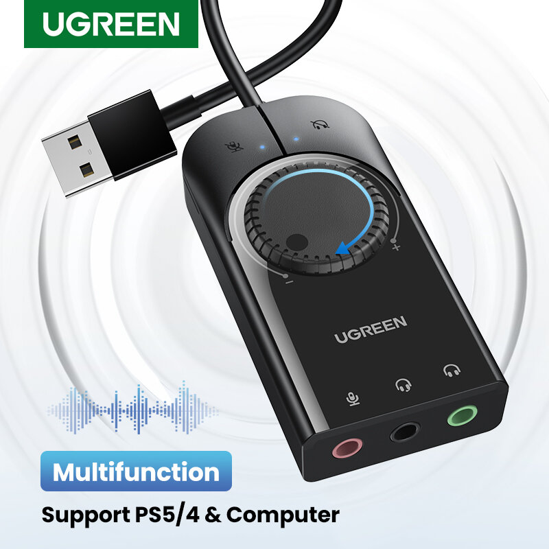 UGREEN การ์ดเสียง USB ภายนอก3.5มม.ไมโครโฟนอะแดปเตอร์เสียงการ์ดเสียงสำหรับ PC แล็ปท็อป PS4ชุดหูฟัง USB การ์ด
