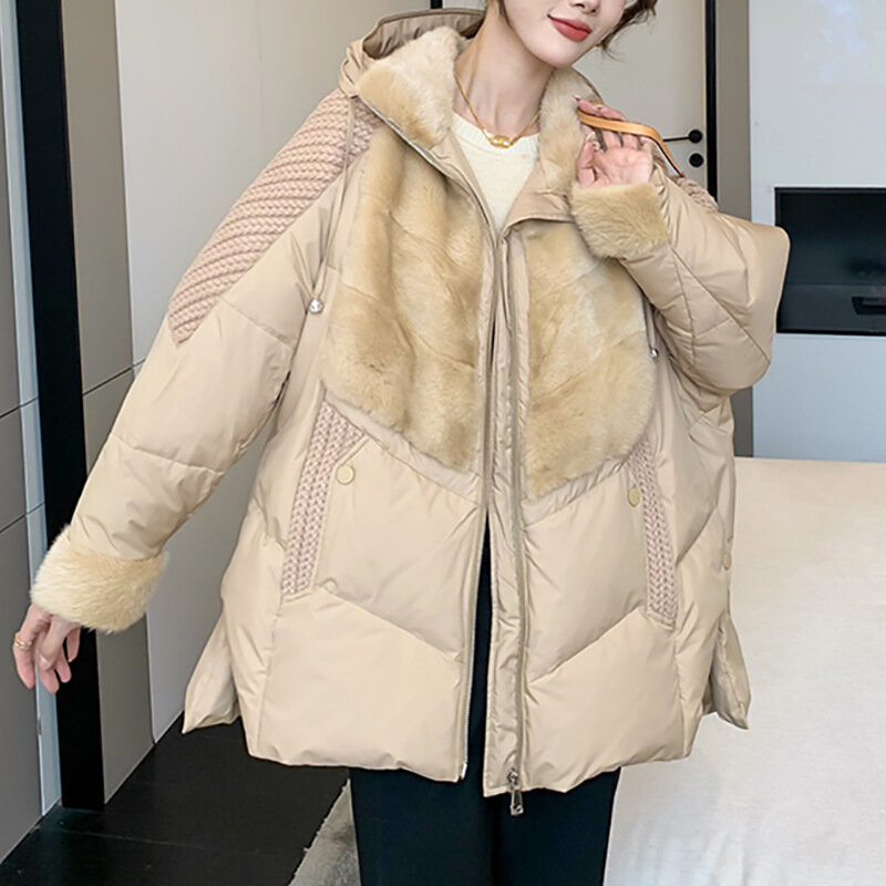 2022 New Style Women Fashion  Real Mink Fur Splicing  White Goose  Down Fur Coat Hooded Lightweight Warmth