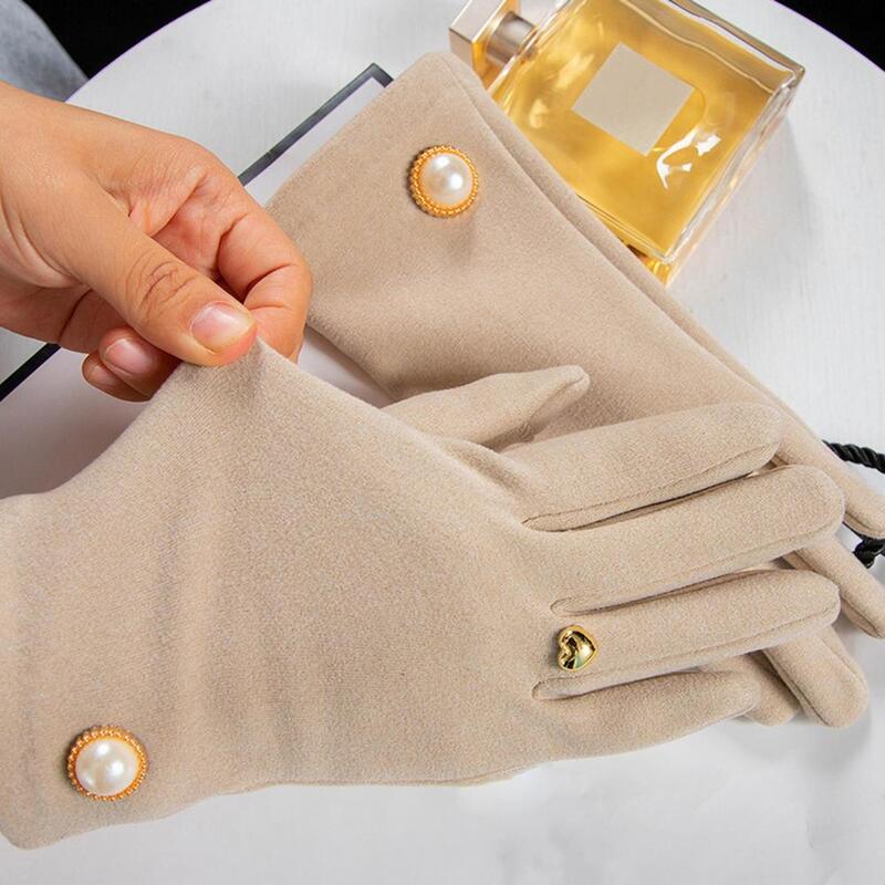 Guanti Touch Screen a due dita guanti da donna eleganti guanti invernali da donna antivento con bottone in finta perla per l'equitazione in moto