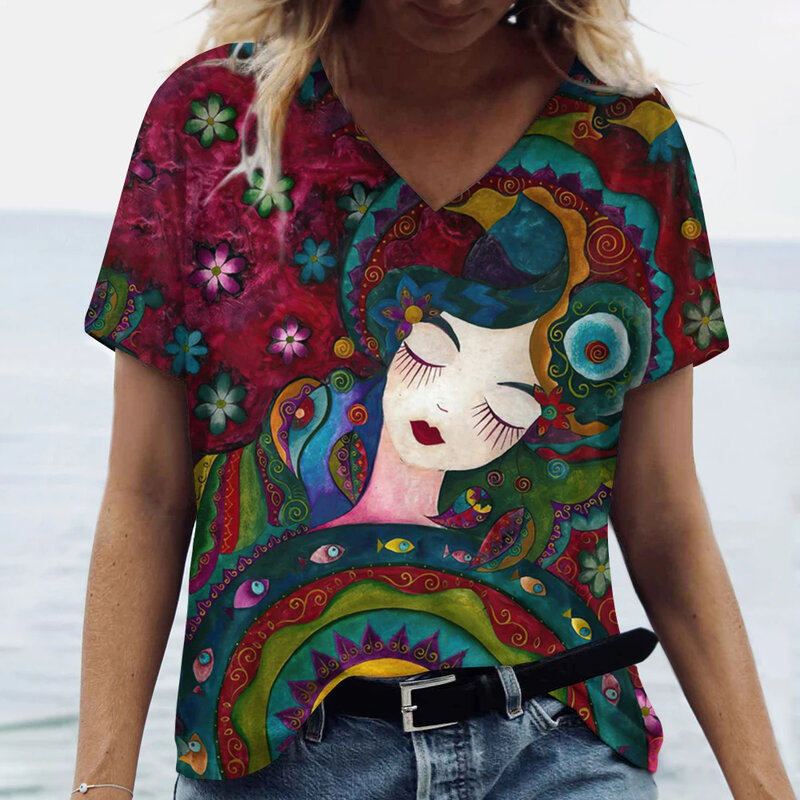 Summer Fashion Women T-shirt 3D Abstract T-Shirts Harajuku Colorful Cartoon V-Neck Short Sleeve Tees Tops Oversized Clothing
