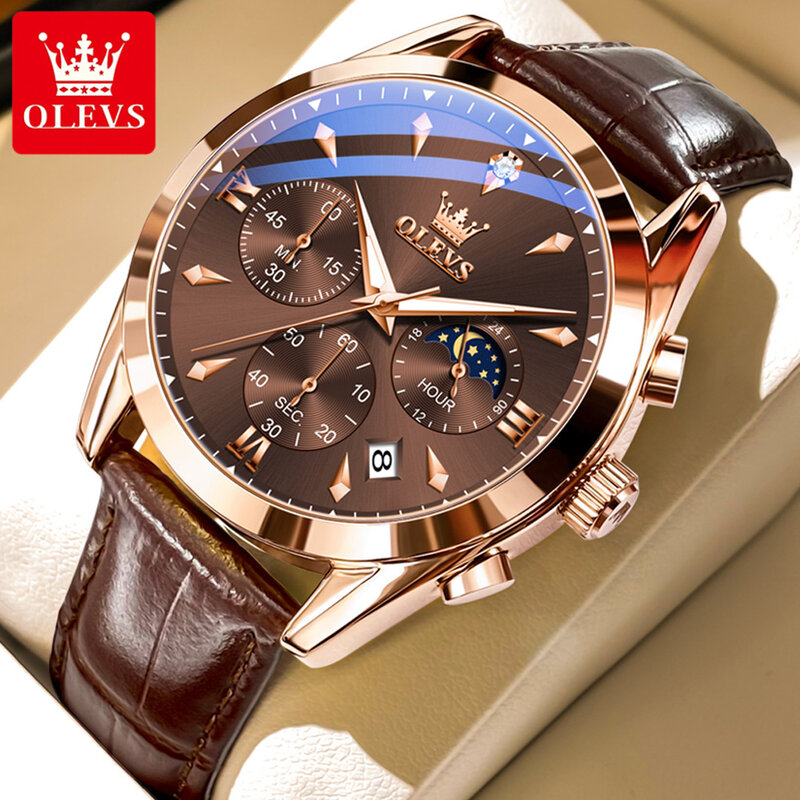 OLEVS-Luxo homens cronógrafo relógio de quartzo, couro, impermeável, luminoso, calendário, relógios do esporte, marca