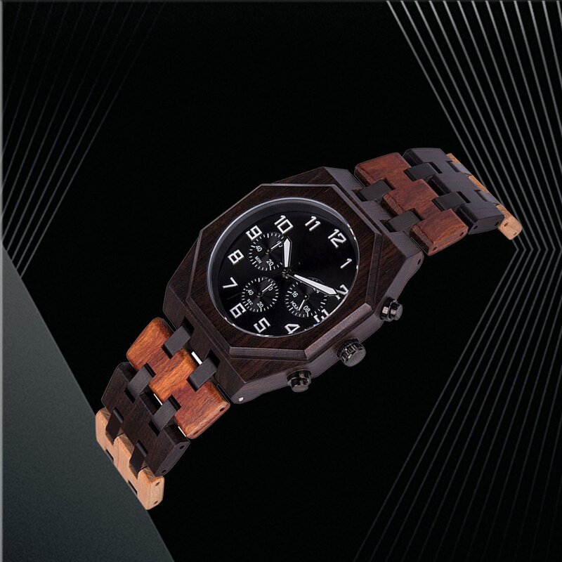 Jam tangan kuarsa pria, arloji kombinasi baja tahan karat kayu multifungsi kronograf tahan gores kaca, jam tangan hadiah untuk pria