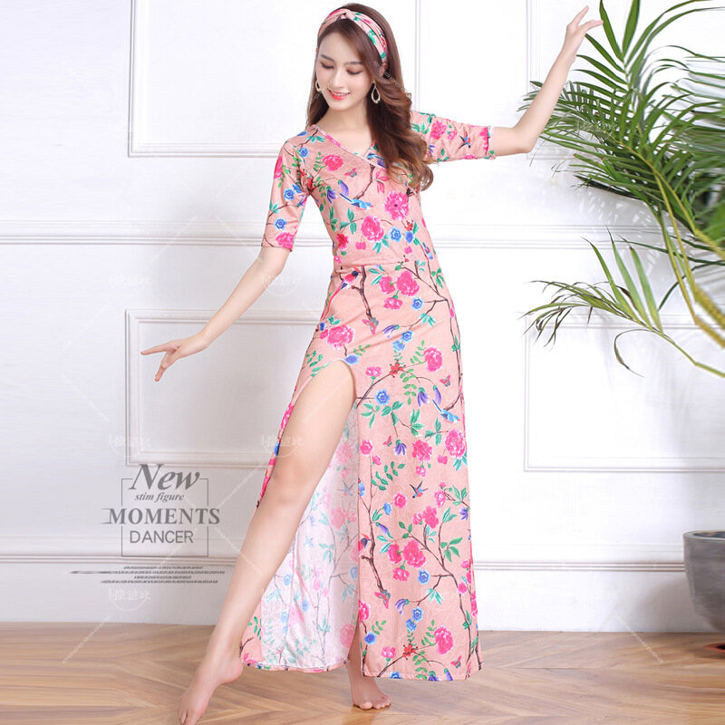 Belly Dance Long Dress Practice Clothes Luxury Fashion Modern Floral Printing Sexy Woman Pink Dance Costume