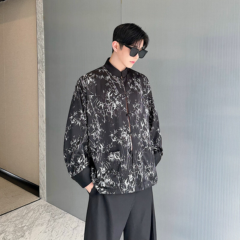 NOYMEI New Chinese Style Bamboo Leaf Printed Stand Collar Shirt Jacket Niche Design 2024 Spring Long Sleeve Male Top WA4480