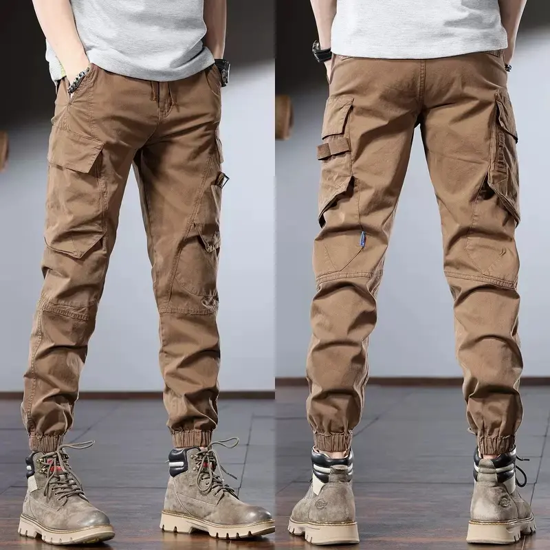 Tactical Cotton Men's Cargo Pants Streetwear Casual Multiple Pockets Gray Slim Fit Trousers