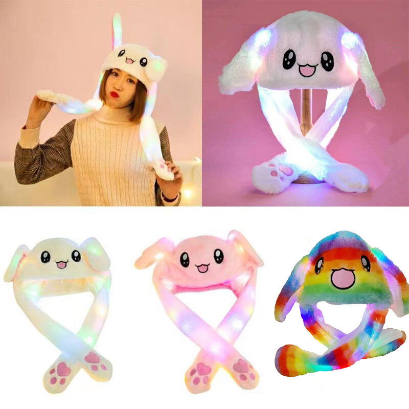 LED Glowing Bunny Ear Moving Hat Cute Animal Hat with Luminous Jumping up Plush Moving Ears Cap for Kids Funny Cosplay Party Hat