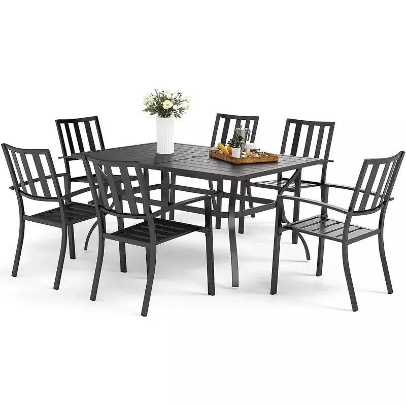 7 Piece Metal Outdoor Terrace Dining Room Furniture with Metal Steel Dining Rectangular Table with 6 Steel Dining Chairs