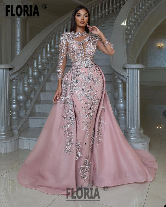 화려한 두바이 인어 이브닝 드레스 꽃 레이스 아플리케 웨딩 파티 가운 아라비아 공식 행사 드레스 로브 드 야회