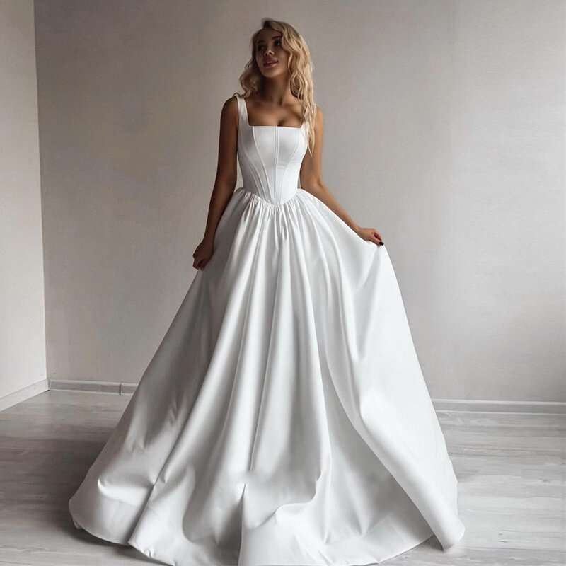 Gaun pengantin wanita Satin berkilau sederhana gaun pesta Formal A-Line tanpa lengan 2024 tanpa lengan mengepel lantai Vestido De Novia 2024