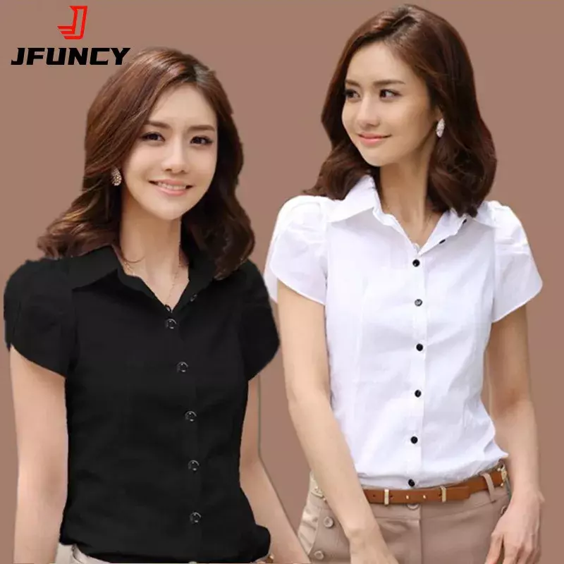 JFUNCY-قميص بأكمام قصيرة للنساء ، بلوزة نسائية ، بلوزة نسائية ، أبيض وأسود ، ملابس عمل ، الصيف ، OL ،