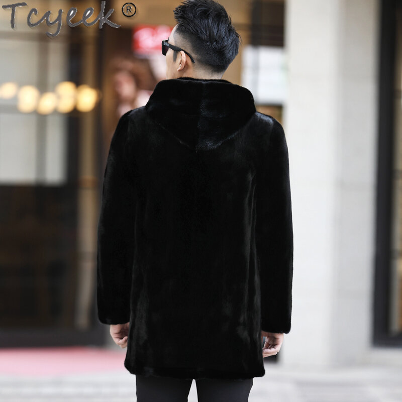 Tcyek 남성용 천연 밍크 모피 재킷, 후드 달린 진짜 모피 코트, 겨울 재킷, 고품질 전체 밍크 남성 코트 2023