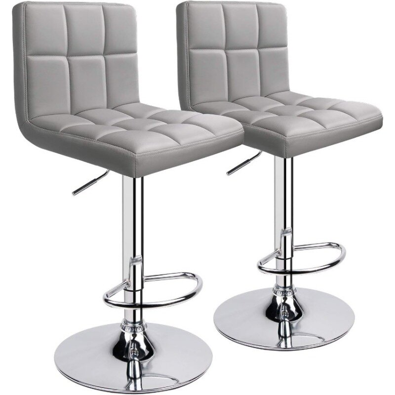 كرسي بار دوار قابل للتعديل من الجلد الصناعي مع ظهر ، مقاعد بار حديثة ، مجموعة من 2 ، رمادي خفيف