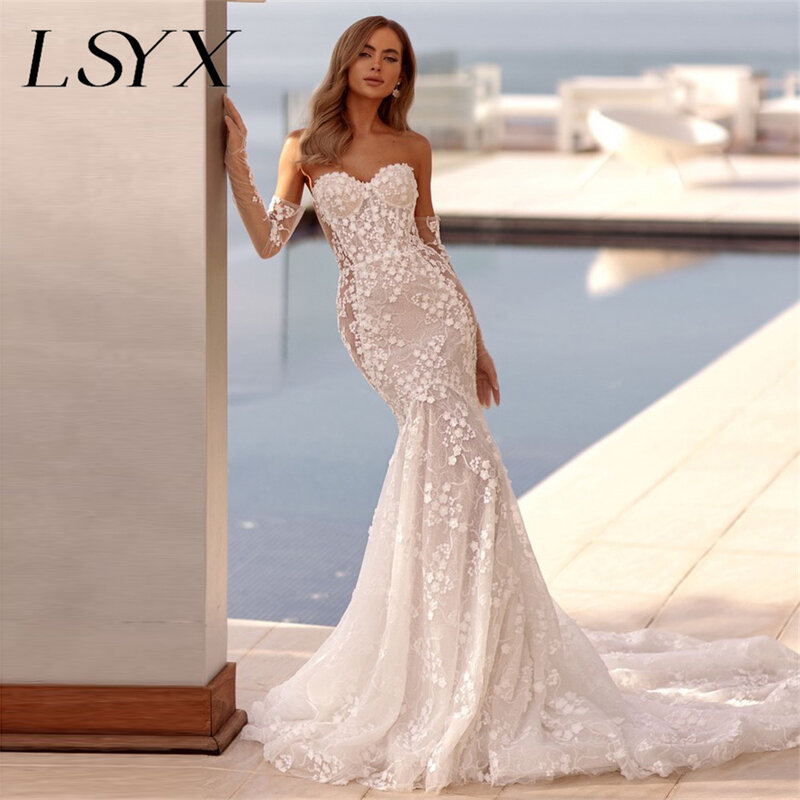 LSYX-vestido de novia con apliques sin tirantes, flores de ilusión, tul, sirena, elegante, espalda abierta, largo hasta el suelo, hecho a medida