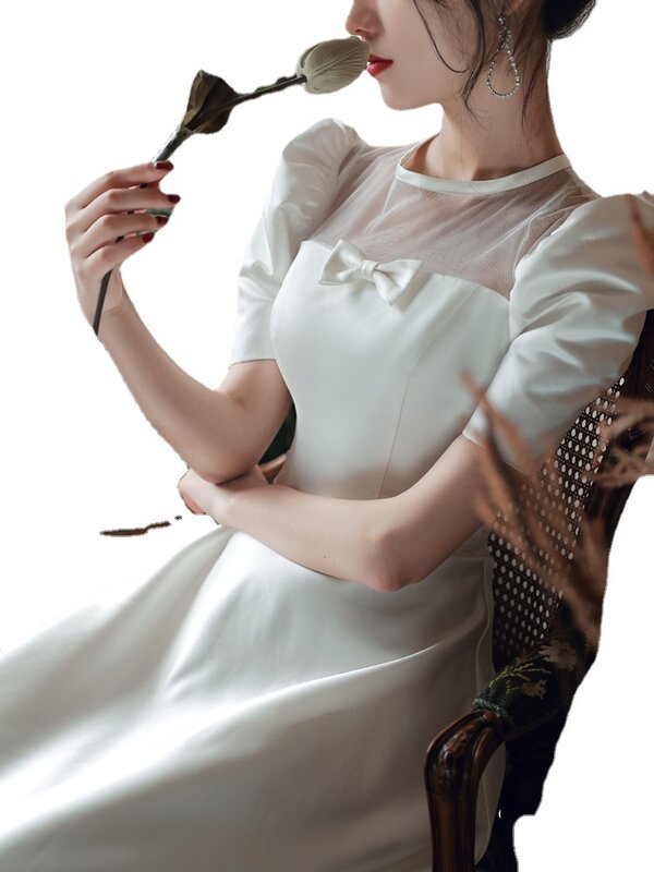 女性のためのシンプルで軽いスカート,ミドル丈の袖,レトロな白いドレス,新しいスタイル,ベストセラー,2024