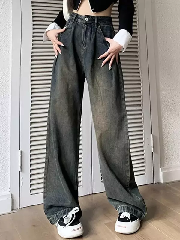 กางเกงยีนส์ทรงแบ็กกี้ผู้หญิงสไตล์วินเทจแบบเรียบง่ายมีซิปล้างเก๋ไก๋สำหรับฤดูใบไม้ผลิของยีนส์เอวสูง