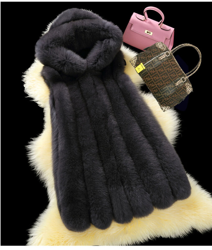 Chaleco con capucha de imitación de piel de zorro para mujer, abrigo de estilo coreano de longitud media, venta al por mayor