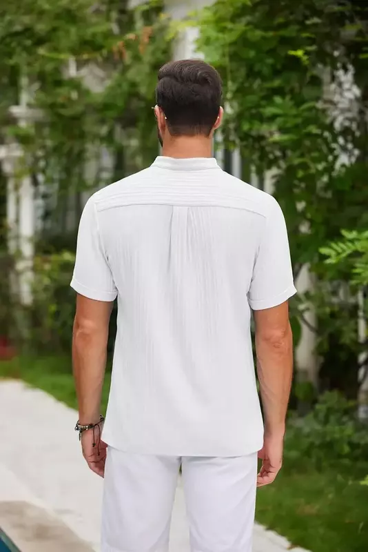 Nieuw High-End Geborduurd Katoen En Linnen Gestreept Henry Shirt Voor Heren Zomer Casual Mode Comfortabele Ademende T-Shirt Top