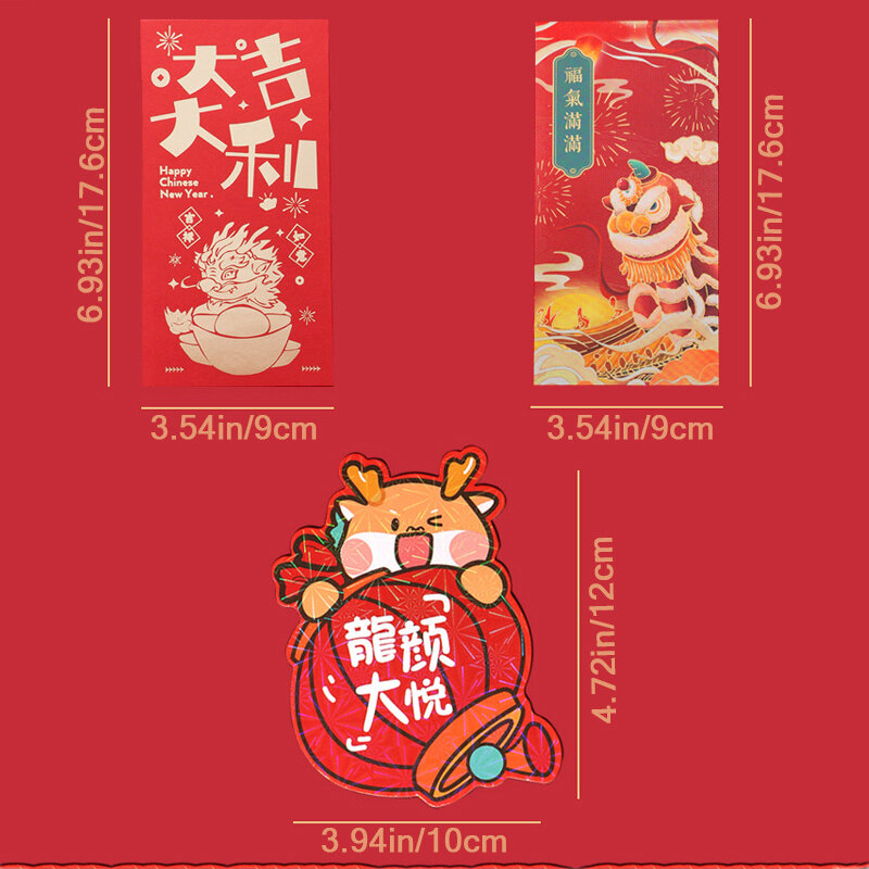 6 sztuk/zestaw 2024 rok smoka chiński zodiak kreskówka czerwone opakowanie chiński nowy rok szczęśliwe pieniądze pakowania torebek na prezent czerwone koperty