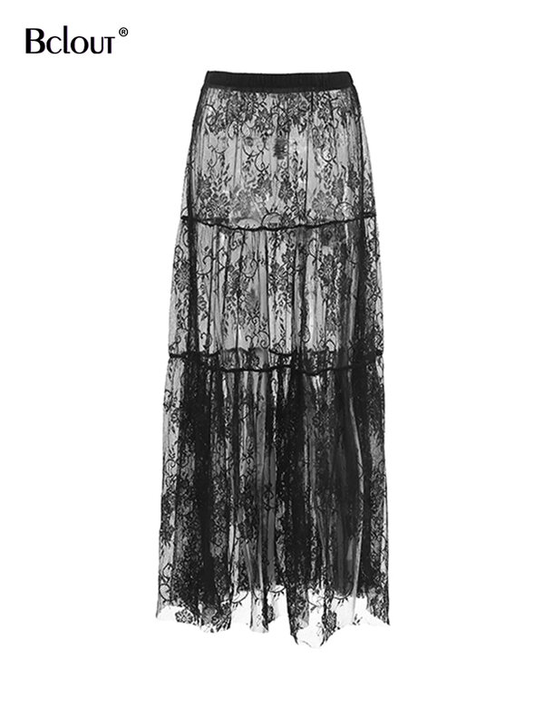 Koronka czarne spódnice damskie swobodny szyk cienkie przezroczyste seksowne długie spódnice 2024 imprezowe luźne spódnice trapezowe damskie