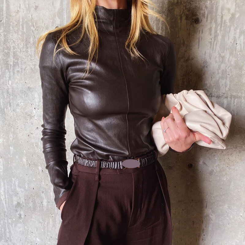Stretch Leather Top Clothing For Women Imported Sheepskin Bottom Shirt Female 2024 Round Neck Long Sleeve Slim Fit Tights Coat