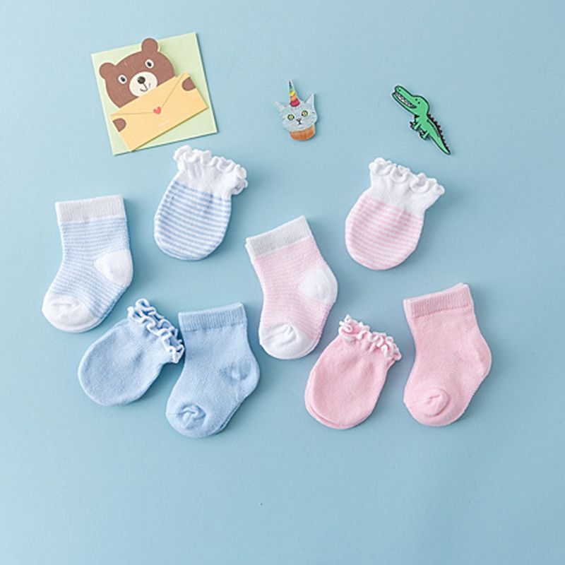 Набор носков-варежек для новорожденных, 4 пары (0-6 месяцев) Нежно-голубой/Нежно-розовый на выбор