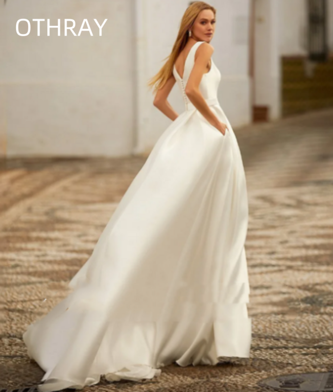 A-line Simple Button abiti da sposa Satin Train Vestido de novia abito da sposa senza maniche con scollo a v profondo per le donne pieghe 2024