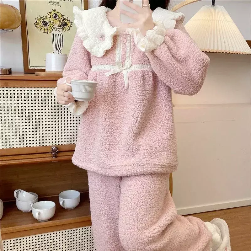 Pijama floral quente para mulheres, roupa fofa, fato de calças, pijamas de botão, babados de lã, noite, casual, inverno, casa, conjunto de 2 peças, 2023
