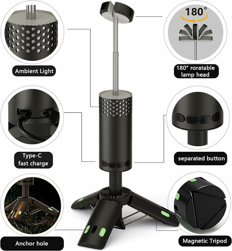Lanterna telescópica com base de tripé magnético LED leve, aventura, caminhadas, tendas de pesca, acampamento, ambiente, luz de acampamento, 10000mAh