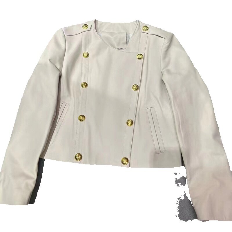 Jaket kulit pendek dua baris baru musim semi untuk wanita dengan jaket kulit domba hitam tanpa kerah pinggang tinggi
