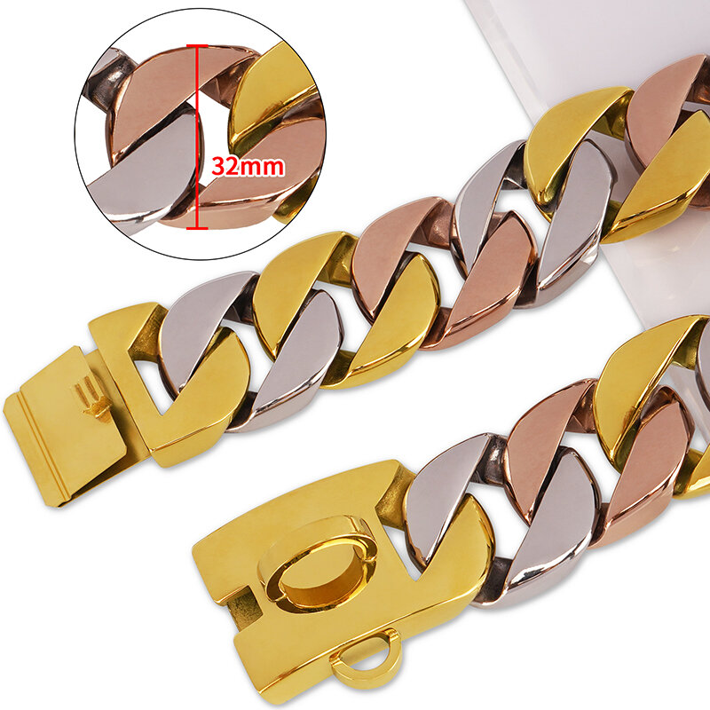 Stainless Steel Dog Chain Collars 32MM Strong Metal Choker Pitbull Gold Pet Necklace For Large Dogs