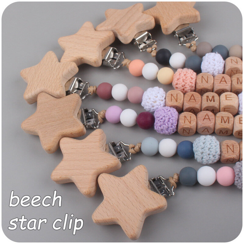 Cadena de Clip para chupete de bebé, mordedor seguro de madera con nombre personalizado, estrellas, juguetes de dentición para masticar, soporte para pezones