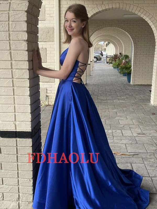 Custom service New V Neck A Line Long Evening Dress Party Elegant With Pocket Robe De Soiree Sexy Prom Gown