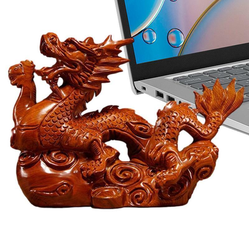 Ukiran kayu ornamen Naga zodiak Cina, kerajinan tangan kayu padat dekorasi kantor ruang tamu rumah