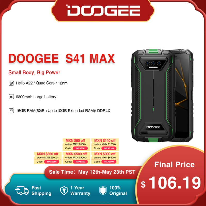 DOOGEE-S41 Max robusto Android 13 telefone, 5.5 ", IPS, HD, 13MP, AI câmera tripla, 16GB de RAM + 256 GB ROM, Quad Core, 6300mAh