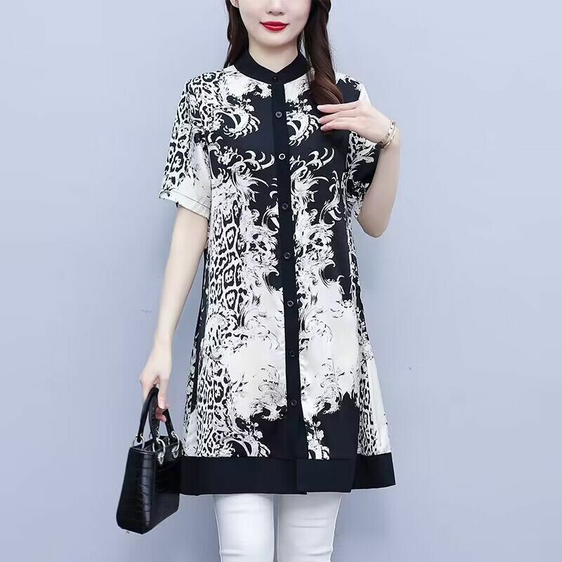 Gaun Midi ukuran besar wanita, gaun Satin longgar lengan pendek kerah berdiri musim panas gaya China motif elegan