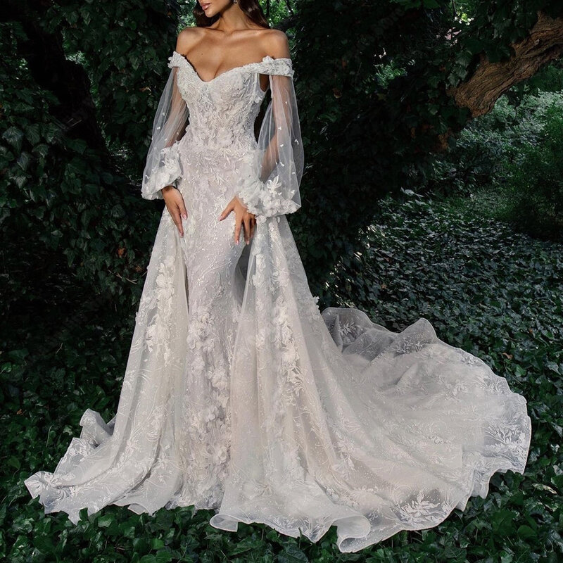 Gaun pengantin wanita Tulle bahu terbuka seksi gaun pengantin putri duyung motif bunga renda panjang pel gaun pengantin putri Vestido De Novia