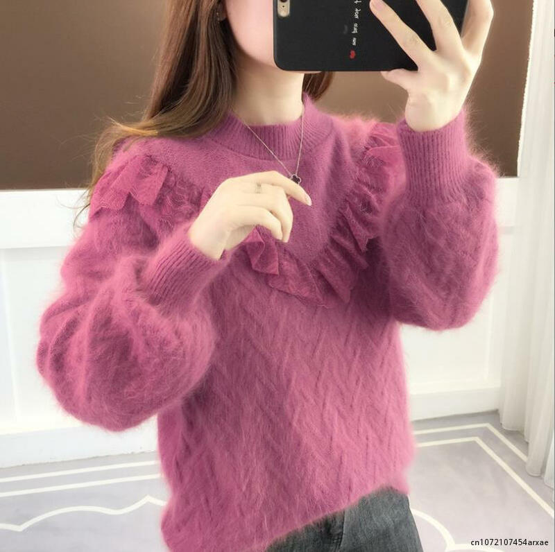Autumn Winter Women's High-Neck knitting Sweater Pullover Lace Loose Thick Warm Shirt Long Sleeves Top Red Pink Clothes