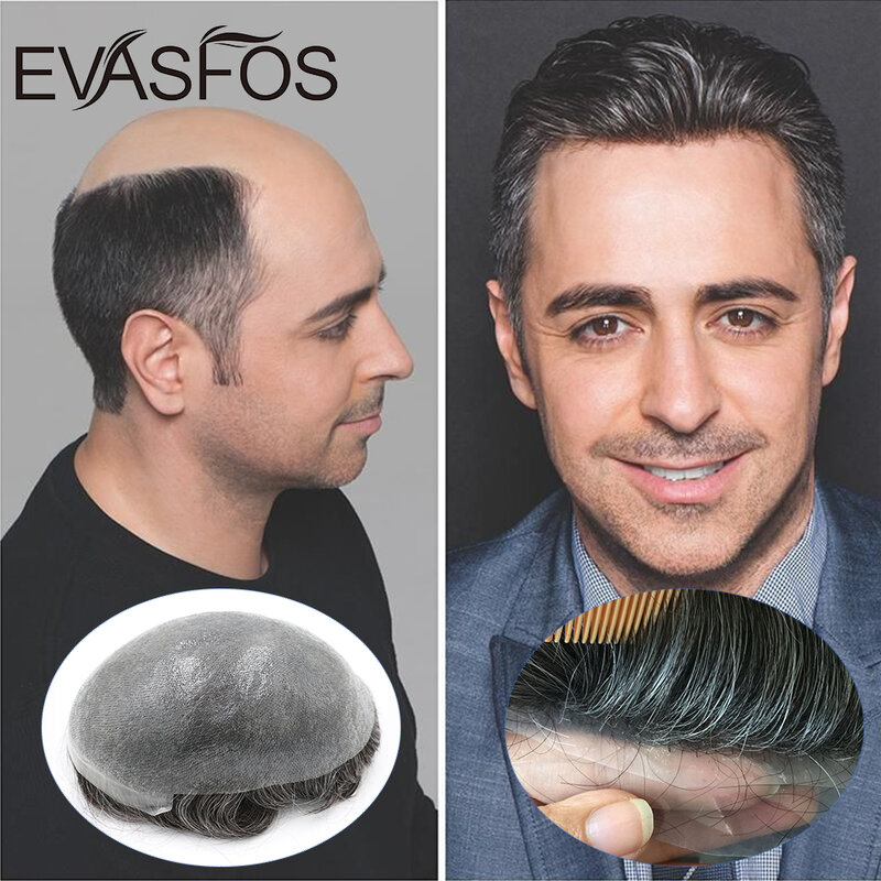 Piel fina transparente PU Base Sistema de cabello Natural Invisible frontal 0,06-0,08mm espesor tupé reemplazo de cabello para hombres
