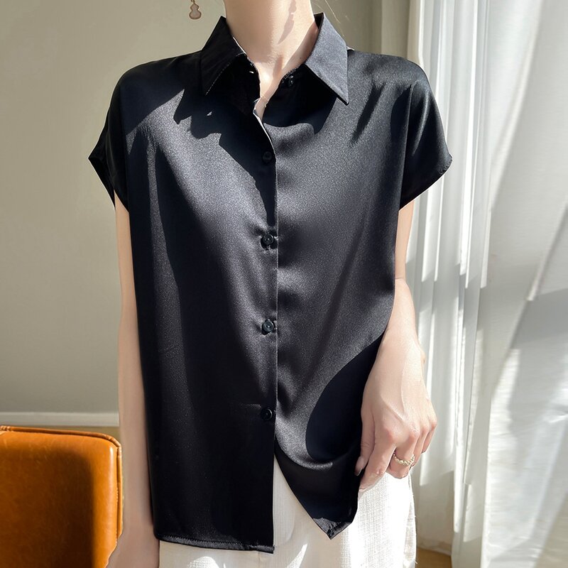 Camisa de manga corta para mujer, Rebeca lisa de satén de seda con cuello tipo Polo, ToP versátil con temperamento, 2024