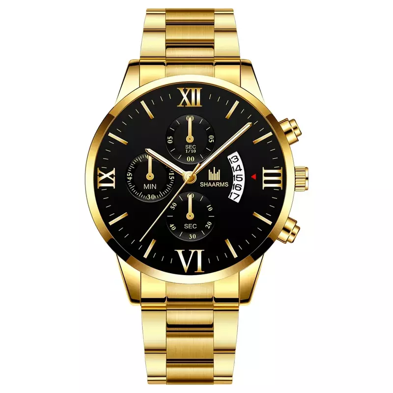 นาฬิกาควอทซ์ทหารสุดหรูสำหรับผู้ชายนาฬิกาสแตนเลสสตีลสีดำสีทองปฏิทินวันที่นาฬิกาผู้ชาย relogio
