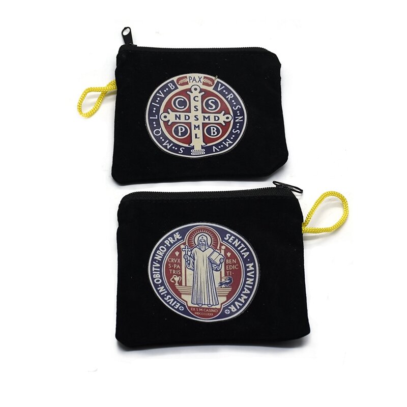 QIGO Saint Benedict Color Print Black Velet Zipper Rope Rosary Necklace Storage Bag