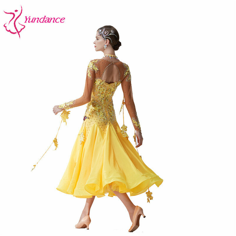 Robe de danse de valse longue jaune personnalisée pour la compétition, robe de soirée de salle de Rh, lisse et moderne, haut de gamme, haute qualité